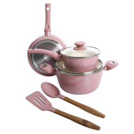 Gibson Home Plaze Café' Forged Aluminum Non-Stick Ceramic Cookware with Induction Base and Soft Touch Bakelite Handle, 7-Piece Set, Lavender Rose