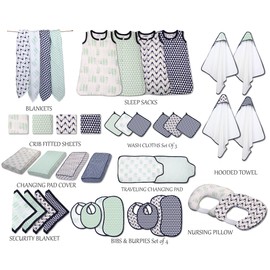 Bacati - Tribal/Aztec Cotton Muslin Fabric Hooded Towels/Wash Cloths(Set of 3) (Set of 3 Wash Cloths, Triangles Mint/Navy)
