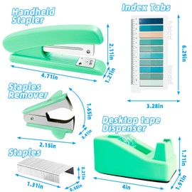 Oiijiok Green Office Supplies Set: Desk Accessories, Stapler, Tape Dispenser, Scissor, Staple Remover, 1000 Staples, Paper Clips, Tabs