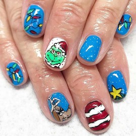 Christmas Press on Nails Short Square Winter Fake Nails Blue False Nails with Star Designs Green Fur Monster Full Cover Glossy Glue on Nails Xmas Acrylic Nails for Women Girls 24Pcs