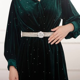 Wiwpar Boho Elastic Pearl Belt Crystal Pearl Flower Waist Chain Sashes Belt Adjustable Waist Belt Wedding Bridal Dress Belt for Women