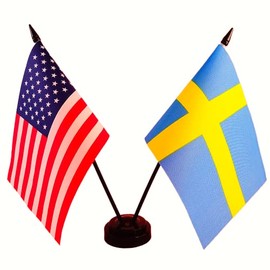 US American & Sweden Friendship Table Flag Display, American & Sweden Table Flag, US & Swedish Twin Desk Flag Set-Miniature American & Sweden Desktop Flag