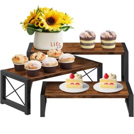 ELITEROO 3 Tier Cupcake Stand & Wood Display Risers, Dessert Stands for Cup Cake or Food, Riser Display Stand for Perfume Collectibles, Tiered Shelf Organizer for Market Retail Vendors, Rustic Brown