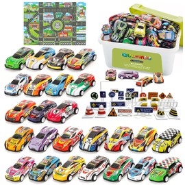 QULEWUU Funny Little Metal Pull Back Toy Car Set for Kids Ages 3-8, 25 Pcs Toy Cars and 28 Pcs Road Signs, Ideal Gift for Toddlers Birthday