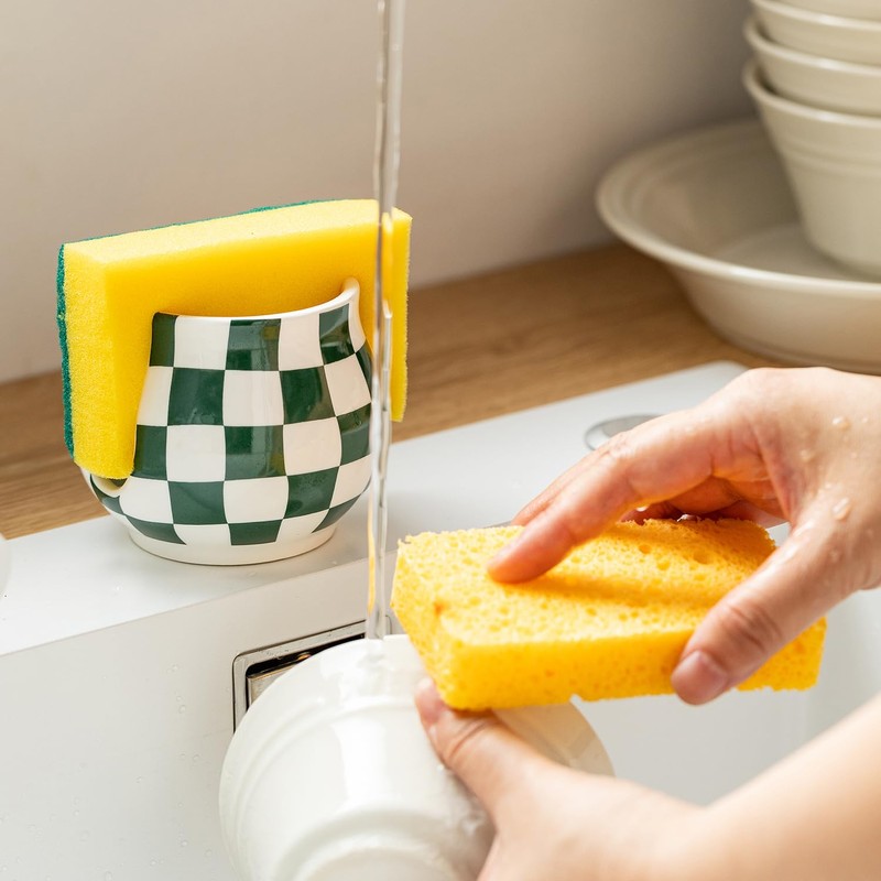 Kitchen Sponge Holder, Ceramic Sponge Organizer Checkered Scrubby Holder Sink