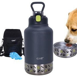 GiNT - Botella de agua aislada de acero inoxidable para perros y seres humanos | Dispensador de viaje a prueba de fugas con tazón desmontable de 10 onzas, 24 horas frío/12 horas caliente, funda de