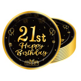 POPOYU 16pcs Black and Gold Paper Plates 21st, Happy Birthday Disposable Tableware Paper Plates 9 Inch,Happy 21st Birthday Decorations Plates for Men,Women,Him,Her 21st Birthday Gifts Party Supplies