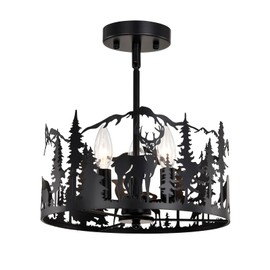 Rustic Semi Flush Mount Ceiling Light,3-Light E12 Base Living Room Light Fixture Deer Bear Design,Farmhouse Round Metal Kitchen Chandelier,Industrial Black Chandeliers For Dining Room,Bedroom,Hallway