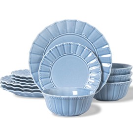 HOMBENE Dinnerware sets, 12 Piece plates and bowls sets for 4, Ceramic dish set, Porcelain dish set, Premium kitchen decor, Microwave and Dishwasher Safe, Celestial Blue