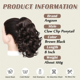 Angzon Ponytail Extension 8 Inch Claw Clip in Ponytail Short Curly Ponytail Extension for Women Fluffy Wavy Curly Synthetic Versatile Brown Black Hairpieces