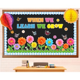 Jisfigtrh Back to School Bulletin Board Decorations Summer Themed Flowers Bulletin Board Set When We Learn We Grow Bulletin Board with 3D Paper Flower Cutouts for School Classroom Wall Decor