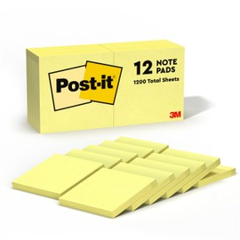 Post-it Notes 3x3 in, 12 Pads, America's #1 Favorite Sticky Notes, Canary Yellow, Clean Removal, Recyclable (654)