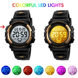 Alienwork Kids Digital Children's Watch Boys Girls Waterproof 5 ATM Sporty, Black/gold/multicoloured/rubber strap black, Strap.