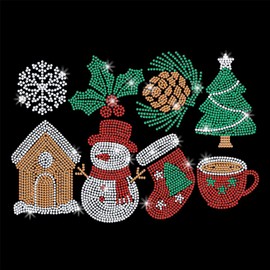 GOMAKERER 9 Stück Weihnachts Strass Transfer Zum Aufbügeln, Winter Schneeflocke Schneemann Hot fix Zum Aufbügeln Kristall Wärmeübertragungsaufkleber Kleidungsreparatur Für T Shirt Mütze Urlaubsparty