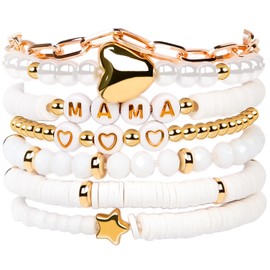 cow print Mama Bracelet for Women - Boho Beaded Stackable Mom Bracelets with White Gold Beads - Mothers Day Jewelry Gifts for Mom from Daughter Son