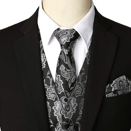 ZEROYAA Mens Classic 3pc Jacquard Paisley Vest Set Necktie Pocket Square Waistcoat for Suit or Tuxedo ZLSV08 Black Silver Large