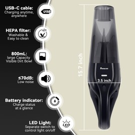 pemacom Portable Handheld Vacuum Cordless – 10,000Pa Suction Power, Lightweight 1.8 lbs, Washable HEPA Filter, LED Light, Quiet, 800ml Dustbin, Perfect for Home