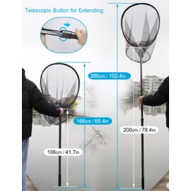 Beoccudo Fishing Net with Telescoping Handle Large Rubber Fishing Nets Kayak Landing Net Aluminum Alloy Retractable Long Fishing Net for Freshwater Saltwater, Extend to 102in