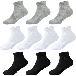 Kids Ankle Socks Boys Cushioned Athletic Short Socks Girls Cotton Quarter Socks 10-14 Years Youth Women 10 Pairs (3Black+4White+3Grey, L)