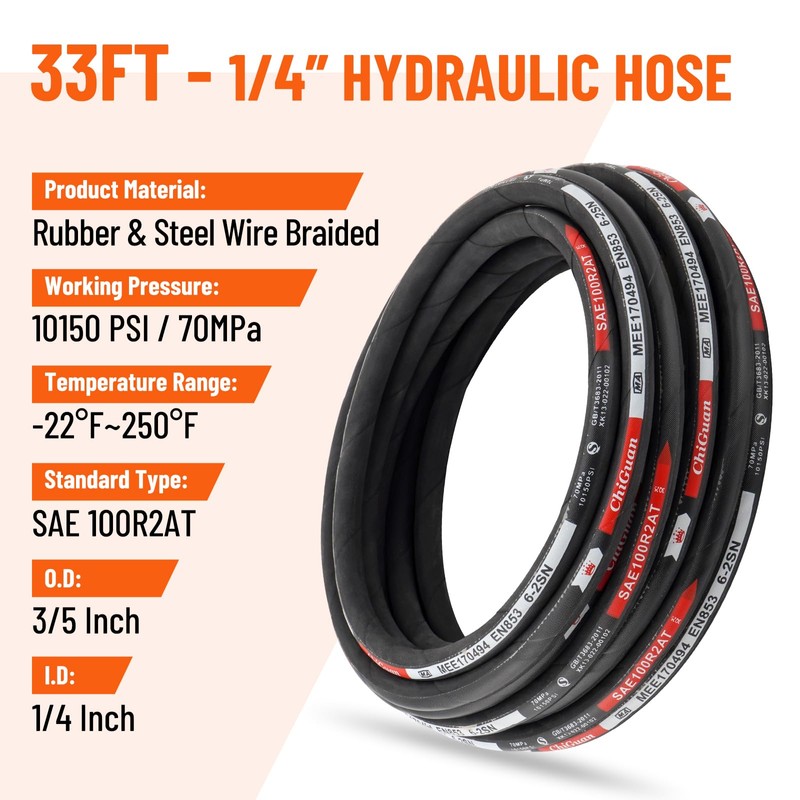 Racewill 33FT 1/4" Hydraulic Hose with 16PCS Hydraulic Hose Fittings