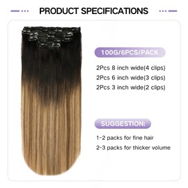 Sindra Clip-In Natural Hair Extensions, Balayage Black to Medium Brown, 6 Pieces, 100 g, 35 cm, Real Remy Hair, in Real Hair Extensions (C35#1B/4/27)