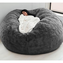 (Cover only, No Filler) Giant Fur Bean Bag Chair Cover for Kids Adults, Living Room Furniture Big Round Soft Fluffy Faux Fur Beanbag Lazy Sofa Bed Cover (Gray, 6FT)
