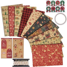 Larcenciel Christmas Wrapping Paper w/Christmas Gift Tags, Santa Claus Stickers & Ribbons, 10 Pcs Xmas Gift Wrapping Paper, Kraft Vintage Wrapping Paper, Brown Gift Wrap for Chrimas, Holiday, New Year