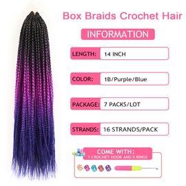 Crochet Box Braids 14 Inch 7 Packs Goddess Braids Crochet Hair Pre looped Box Braid Crochet Hair for Black Women(14 inch,7 Packs, 1B Purple Blue)