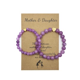 Mother Daughter Bracelets Mom Daughter Matching Heart Natural Stone Bracelet for Mama Me(Purple)
