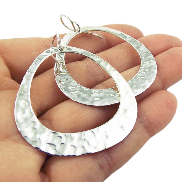 Flat Hammered Hoops 925 Sterling Silver Earrings in a Gift Box