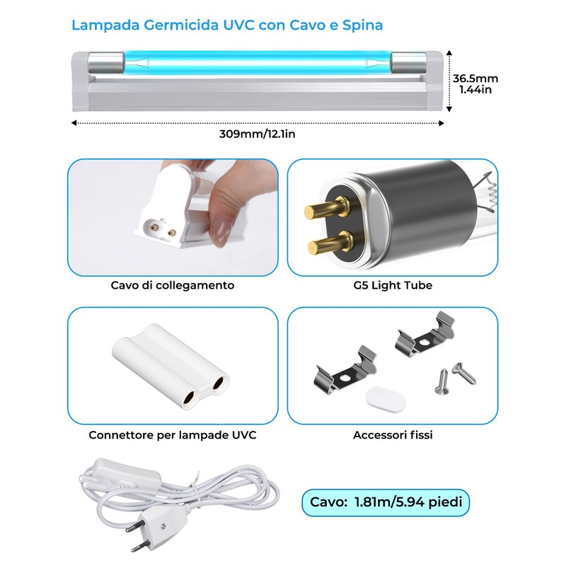 BrightArk 8W Lampada UVC germicida con ozono Lampada Sanificante da