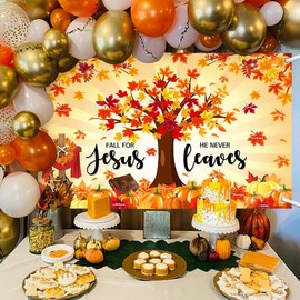 MEHOFOND 6x3.6ft Fall for Jesus He Never Leaves Backdrop Pumpkin Autumn Banner Maple Leaf Decoration Christian Religion Background Thanksgiving Party Photo Booth Prop