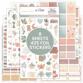 Bloom Daily Planners x Simply Gilded Aesthetic Neutral Planificador Pegatinas (8 hojas / 435 pegatinas) - Paquete variado bohemio con lámina dorada para decoración, planificación, álbumes de recortes