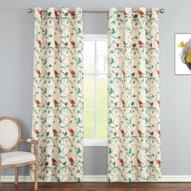 Leeva Printed Window Treatment Curtains for Bedroom, Vivid Birds and Butterfly Printed Thermal Insulation Grommet Linen Drapes for Living Room Studio Cafe Dining Room, 52 x 96 Inch, 2 Panels
