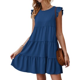 KIRUNDO Casual Summer Dress Women's Sleeveless Ruffle Sleeve Round Neck Solid Loose Short Flowy Pleated Mini Babydoll Dress, Dark Blue, Small
