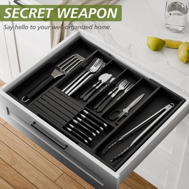 Bamboo Kitchen Silverware Drawer Organizer - Expandable Wood Utensil Holder with Dividers, Luxury Cutlery Storage Tray for Kitchen Utensil and Flatware (5-7 Slots with Removable Knife Block, Black)