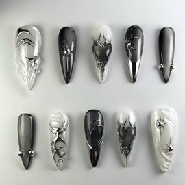 Medium Press on Nails Almond Fake Nails with Designs French Tip Stick on Nails Black Heart False Nails Silver Star Acrylic Nails Full Cover Gem Glue on Nails for Women DIY Manicure Decorations 24pcs