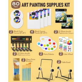 Nicpro Acrylic Paint Canvas Set for Adults & Kids, 80PCS Art Painting Supplies Kit with 2*12 Colors Paint, 6 Canvas, 2 Table Easel, 2*10 Brushes, 2 Paper Pad, 2 Palette for Artist Beginner Students