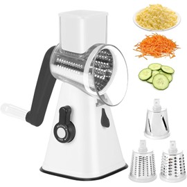ELKSTER Rotary Cheese Grater 3 in 1, Vegetable Slicer with 3 Stainless Steel Rotating Blades, Handheld Vegetable Chopper, Cheese Shredder with Strong Suction Base, Ideal for Cheese, Cucumber, Carrot