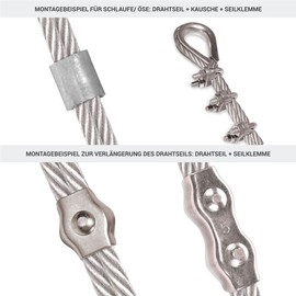 Seilwerk STANKE Trellis Wire Rope Galvanised 10 m Steel Cable 4 mm 6 x 7, 2 x Turnbuckles M6 Hook + Eyelet, 8 x Thimbles, 8 x Bail Shape Clamp - Set 5