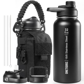 ONETIGRIS 32 oz Insulated Water Bottle with Straw - Tactical Stainless Steel Water Jug, Leakproof Wide Mouth Sport Bottle with 3 Lids and Sleeve for Travel, Gym, Camping, Hiking