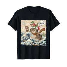 Bruh Funny Catzilla Cat Dinosaur Christmas Wave Japanese Art T-Shirt