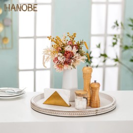 Hanobe Large Round Decorative Tray: White Coffee Table Beaded Tray Rustic Wood Trays Decor Farmhouse Ottoman Circle Tray Vintage Centerpiece Wooden Serving Trays for Living Room Home for Counter