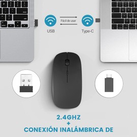YOMYM Mouse Ratón óptico Inalámbrico Recargable 2.4 G, Silencioso Click con Receptor USB y Tipo-c Adaptador 3 Ajustable dpi Ratón para Computadora, Ideal para Ordenadores portátiles, PCs, Negro