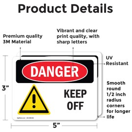 (2 Pack) Keep Off OSHA Danger Sign 5 Inch X 3.5 Inch Vinyl Label Decal Sticker Weather Resistant, UV Protected for Workplace, Business, and Construction Site, Made in the USA