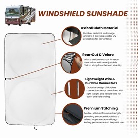 kinder Fluff RV Windshield Sunshade | Oxford Cloth Foldable Windscreen Sun Cover Blocks 99% UVR | Thicker Sun Shades for Your Home on Wheels, Motorhome, Trucks, Buses, Trailers - RV (98x46in)