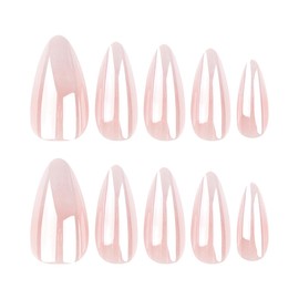 LPOODDNU French Tip Press on Nails Medium Almond Fake Nails Glossy Pink Acrylic False Nails Gradient Plating Stick on Nails Coating Artificial Nails Cute Glue on Nails for Women Girls Finger Manicure
