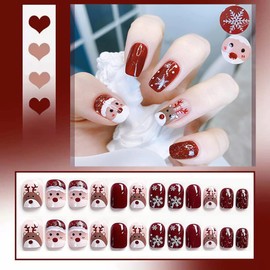 24Pcs Christmas Press on Nails Short Square Fake Nails Santa Claus Elk Design Christmas Stick on Nails Full Cover Acrylic False Nails Glossy Red Glue on Nails Christmas Nails Decoration for Women