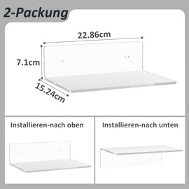 Sezanrpt 23 cm Clear Wall Shelf, Acrylic Small Floating Shelf for Wall, Home Wall Display Ledges for Storage, Room Decoration, Space Saving, Individual Parts Organiser, Pack of 2