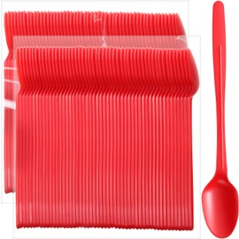 Potchen 200 Pcs Long Spoons for Ice Cream Floats Plastic Sundae Spoons Bulk 8 Inch Long Handle Spoon Heavy Duty for Ice Cream Milkshakes Tea Cocktails and Tall Ice Beverages (Red)